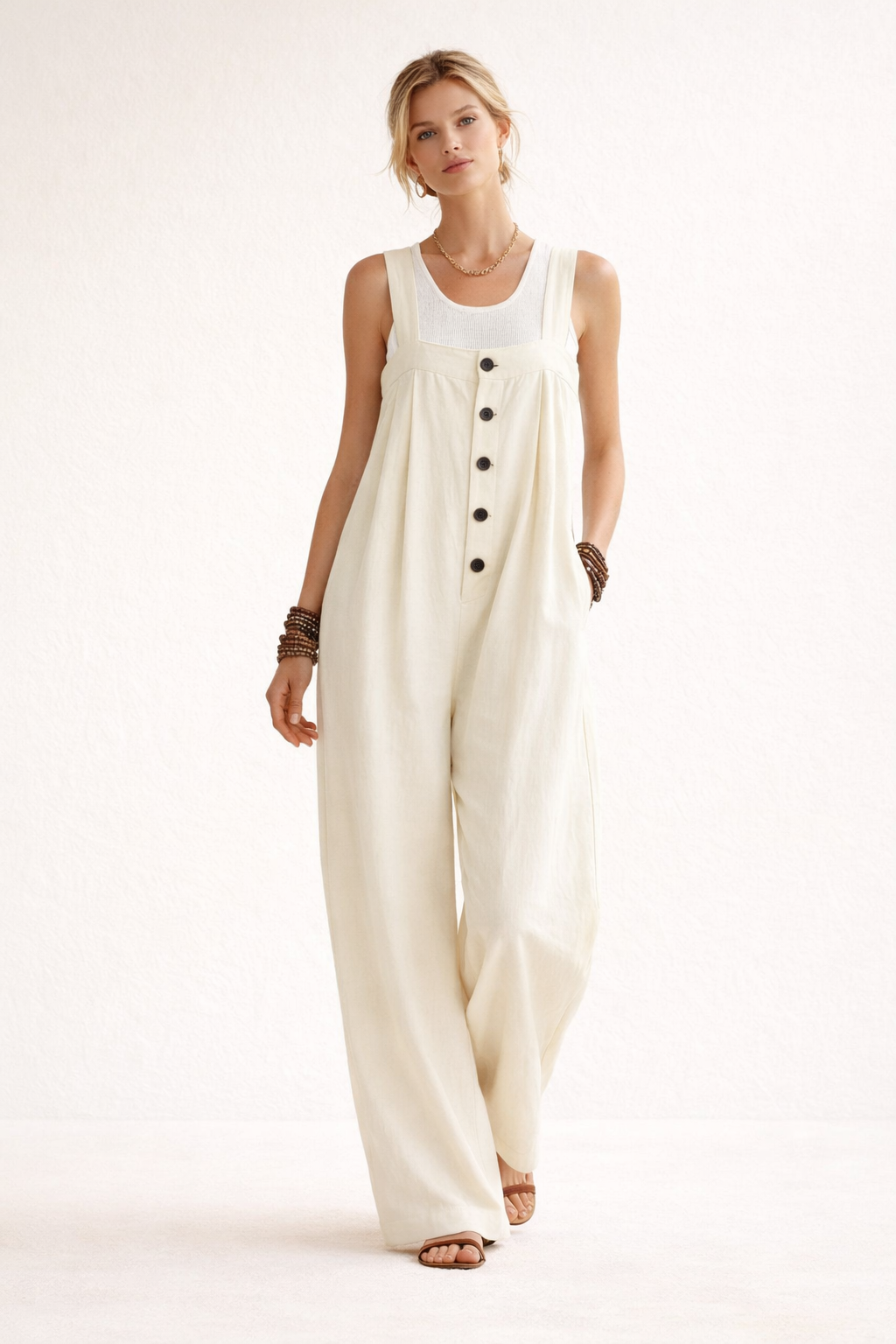 Veelzijdige dames jumpsuit, casual chic stijl met brede pijpen en subtiele knoopaccenten. Voor elke gelegenheid.