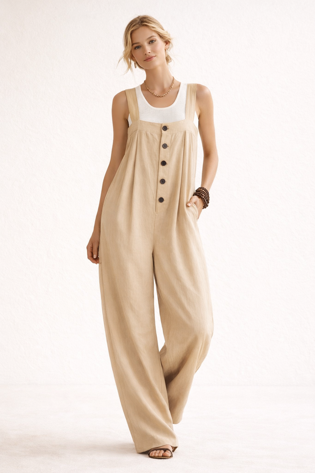 Elegante lange dames jumpsuit met brede schouderbanden en knoopdetails. Perfect voor een zomerse dag.