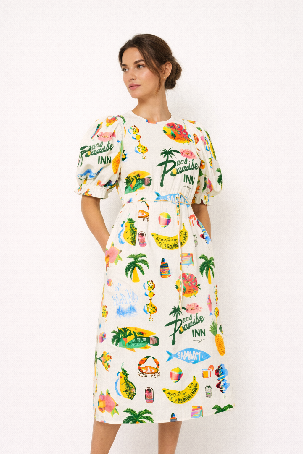 Comfortabele losse pasvorm dames zomerjurk met pofmouwen en casual print, perfect als strand- of dagelijkse jurk.
