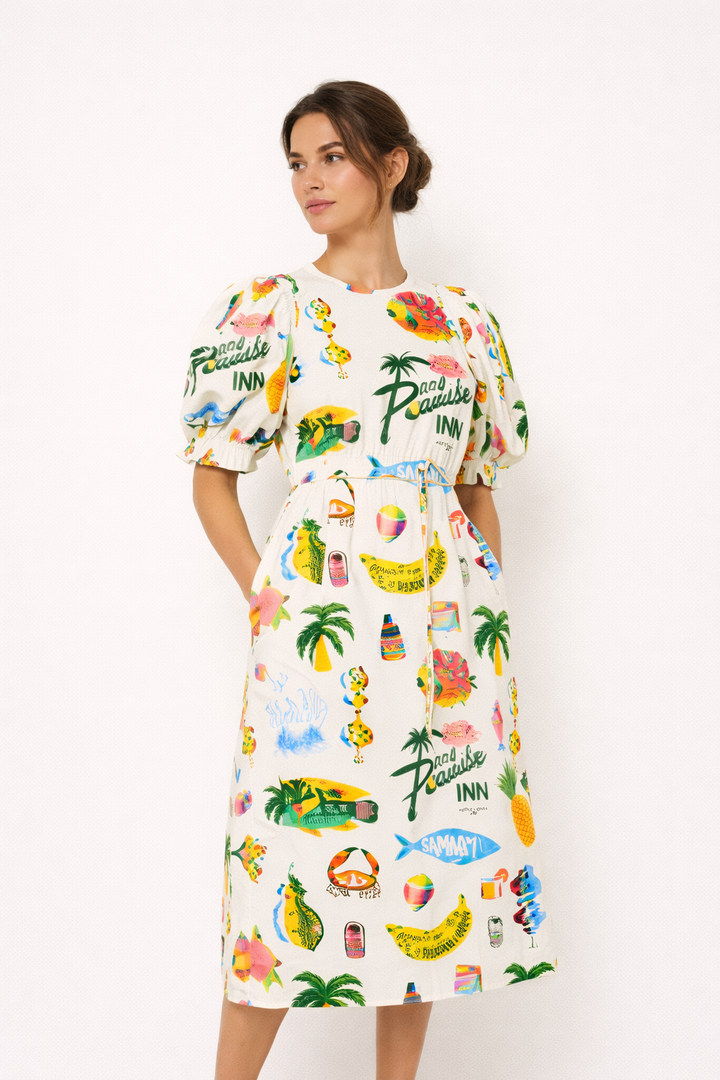 Comfortabele losse pasvorm dames zomerjurk met pofmouwen en casual print, perfect als strand- of dagelijkse jurk.