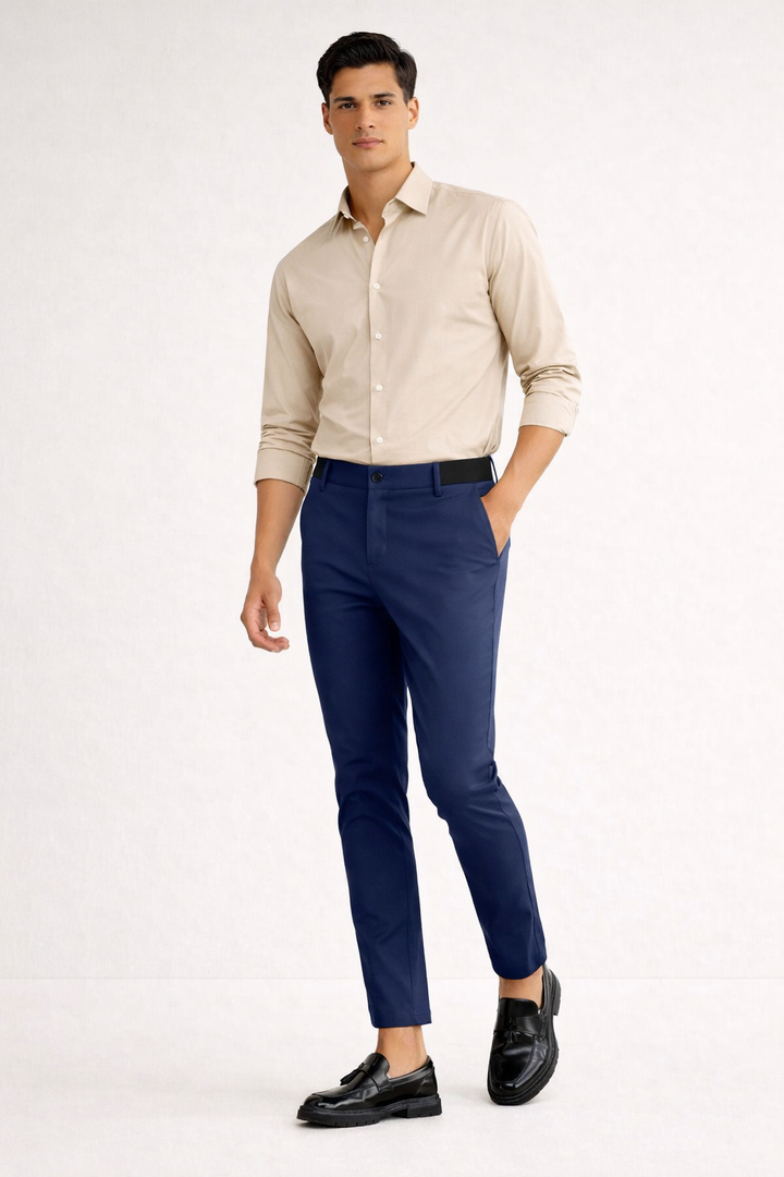 Stijlvolle marineblauwe heren slim fit chino broek met klassieke ritssluiting, perfect voor smart casual outfits.