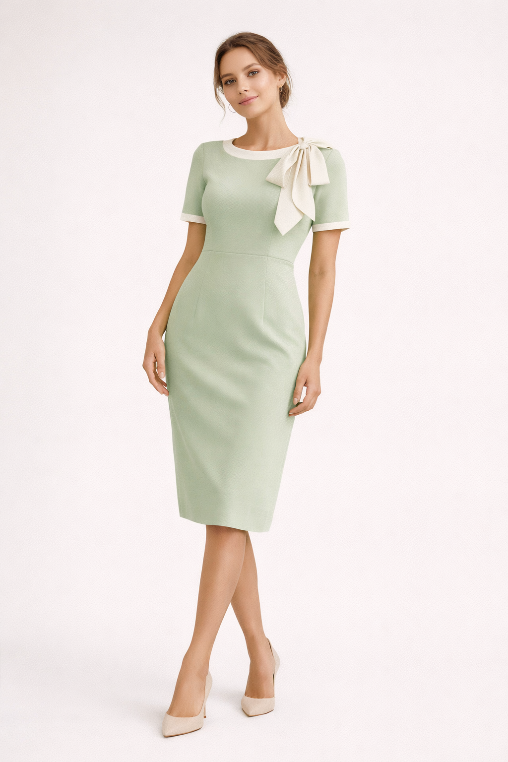 Detail van een luxe dames gelegenheidsjurk, met de elegante stof en klassieke fit & flare belijning.