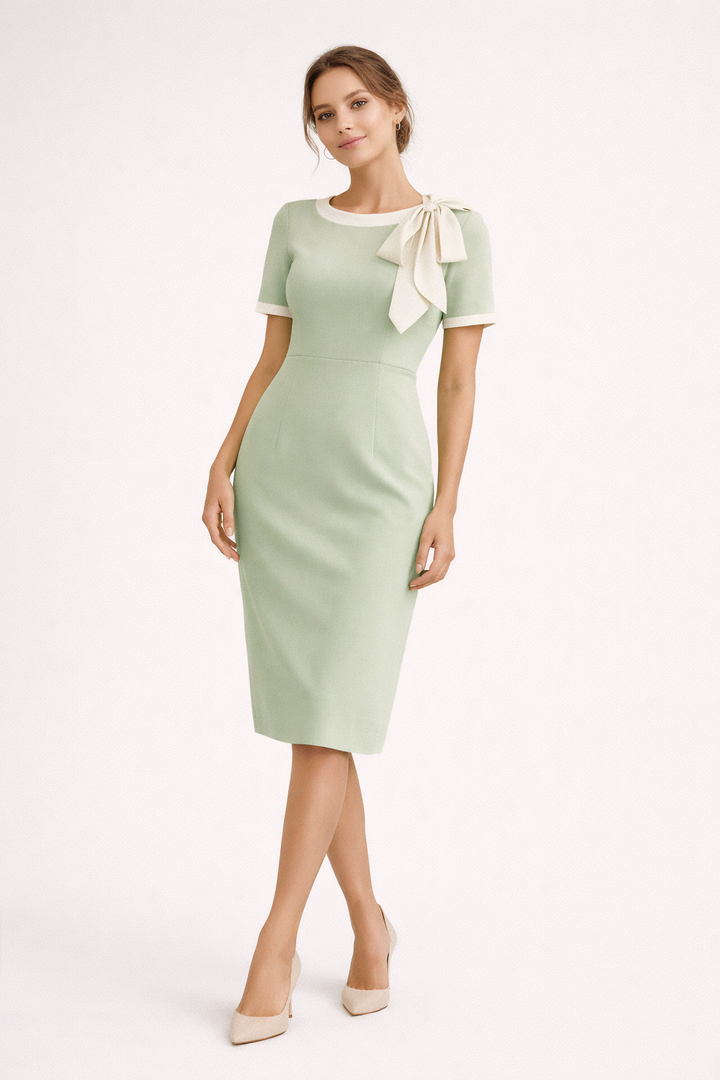 Detail van een luxe dames gelegenheidsjurk, met de elegante stof en klassieke fit & flare belijning.