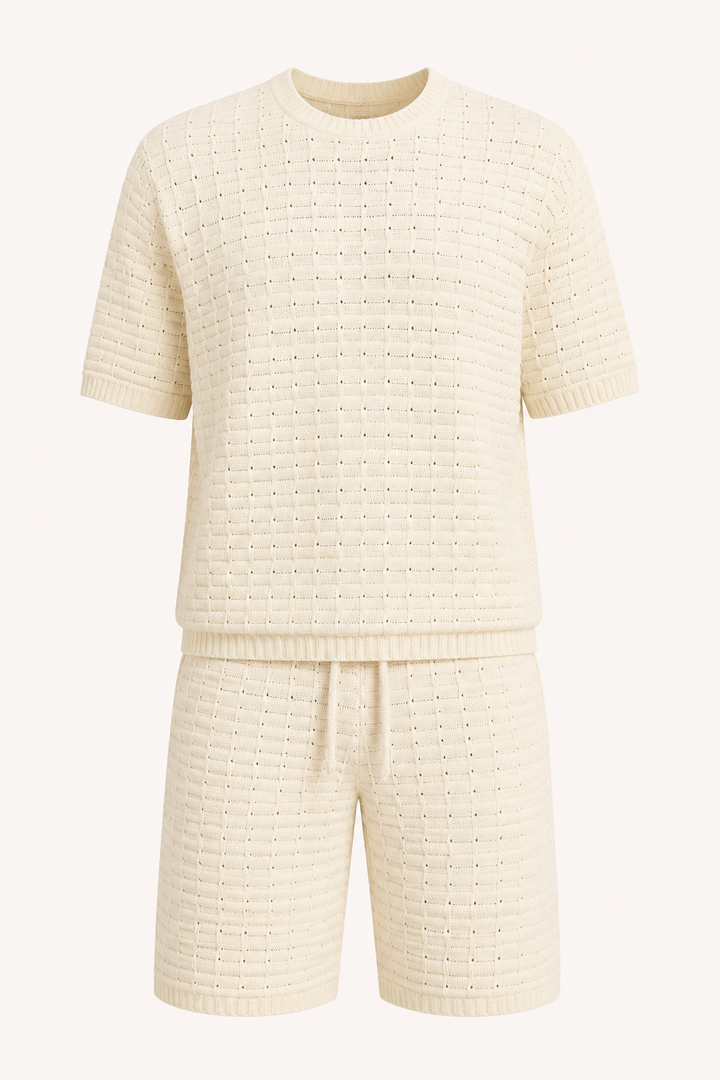 Zomerse herenset met geometrisch T-shirt en comfortabele short, ideaal voor casual vrije tijd.