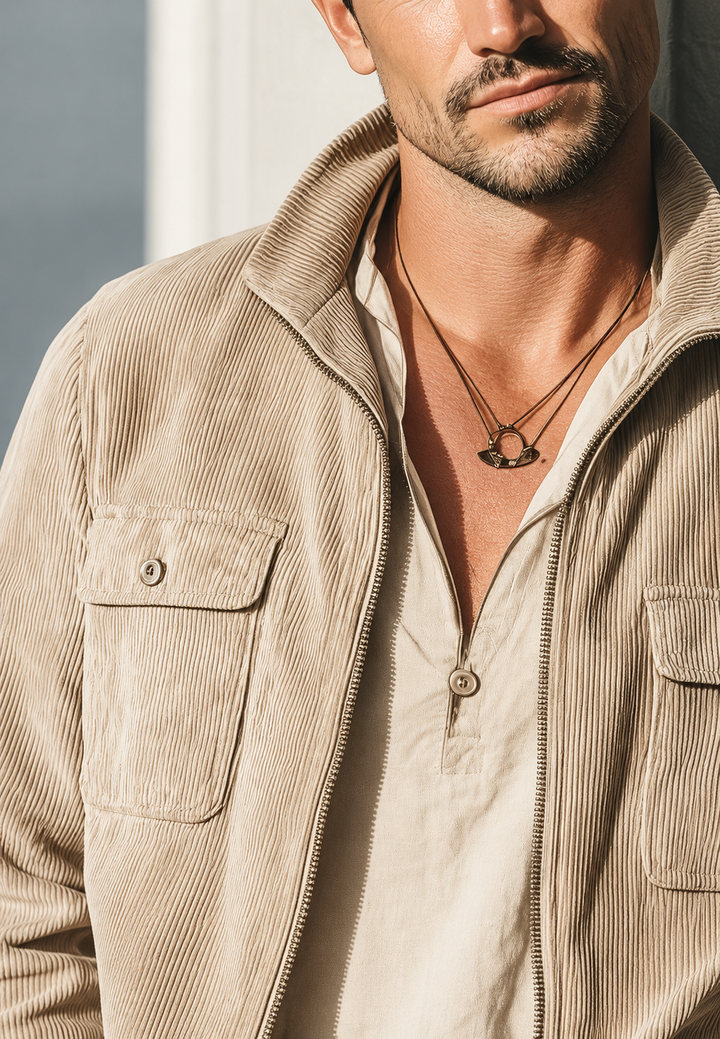 Stijlvolle heren overgangsjas in militair groen of beige, met hoge kraag. Comfortabel jack met ritssluiting & zakken.