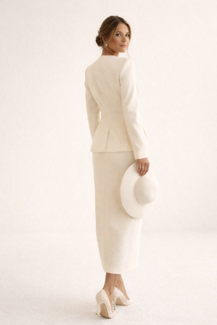 Klassieke elegante dames set met blazer en maxi rok, beschikbaar in zwart en wit voor elke gelegenheid.
