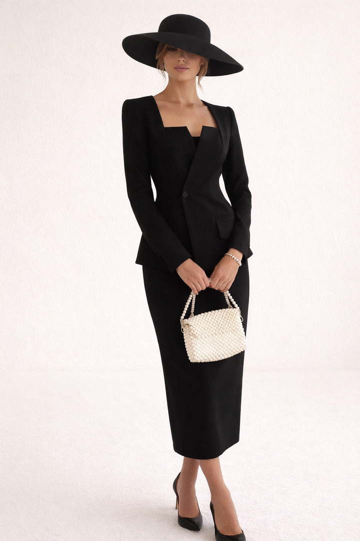 Elegante dames blazer en maxi rok set, perfect voor zakelijke bijeenkomsten of formele avonden.