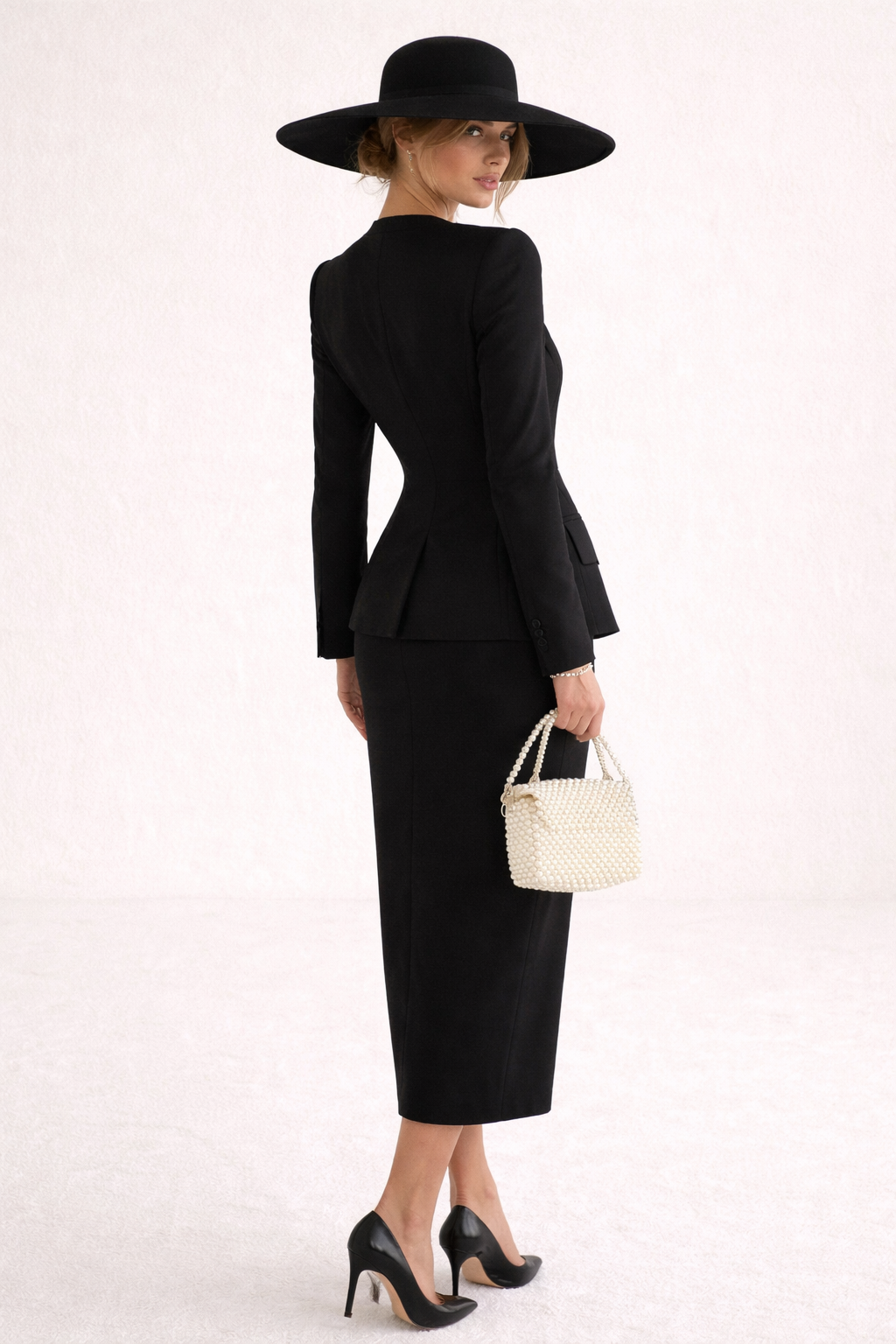 Stijlvolle zwarte tweedelige dames rokset met blazer en lange rok, voor een moderne en chique look.