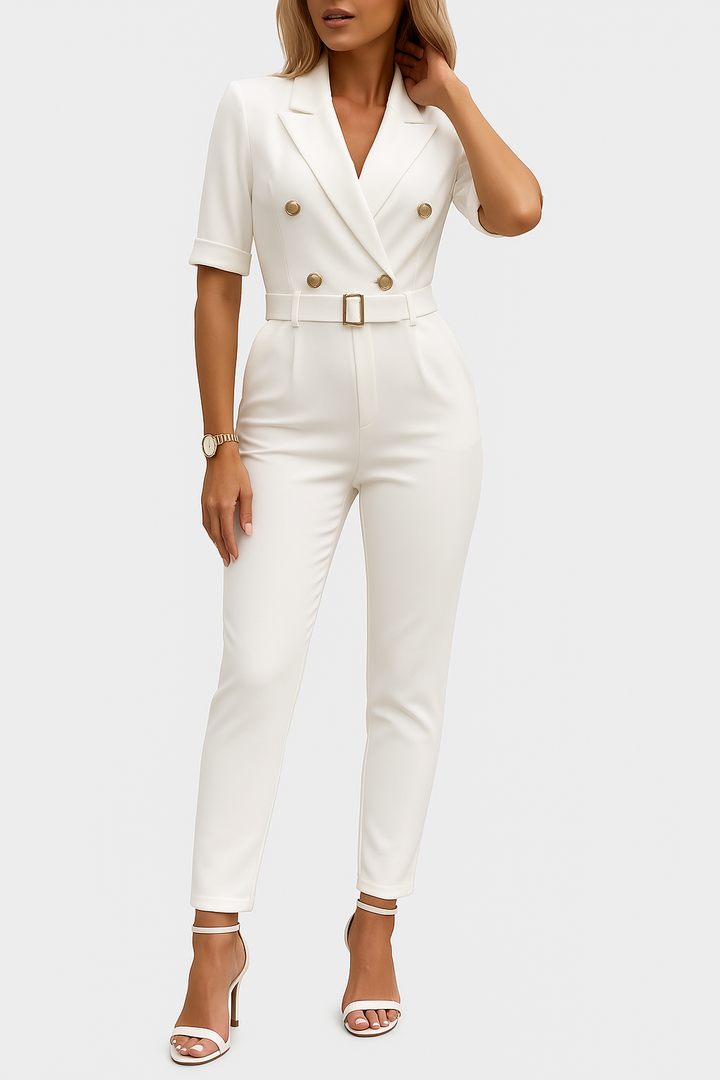 Elegante Hoymans dames jumpsuit in blauw met V-hals en ceintuur, perfect voor stijlvolle gelegenheden.