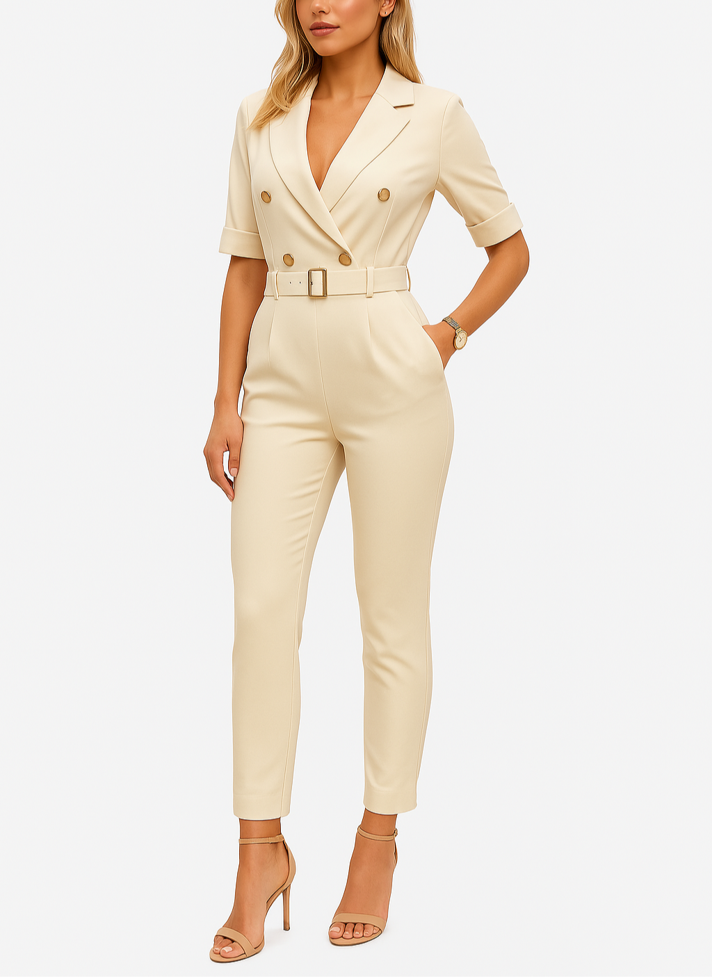 Roze Hoymans dames jumpsuit met V-hals en ceintuur, chique halfmouw jumpsuit voor zomerse feesten.