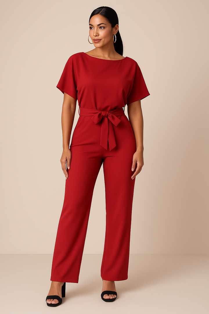 Dames jumpsuit met V-hals en wijde pijpen, een chique en relaxte outfit.