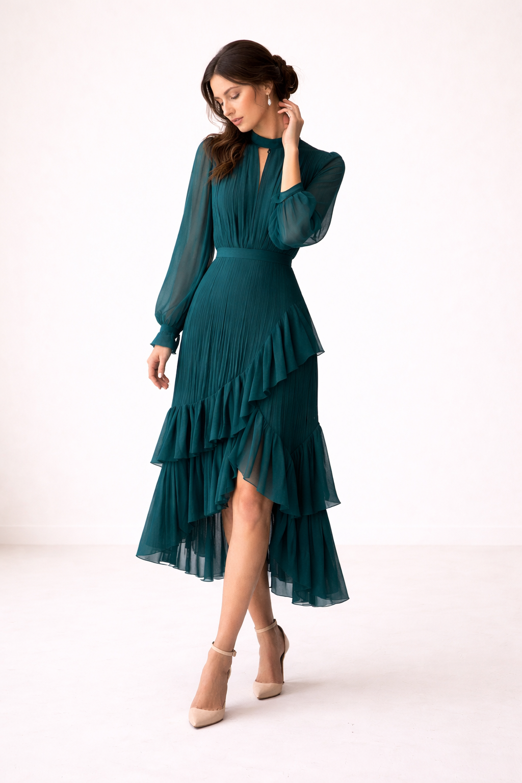 Comfortabele dames midi-jurk met elegante plooien en lange mouwen, een must-have voor vrouwenmode.