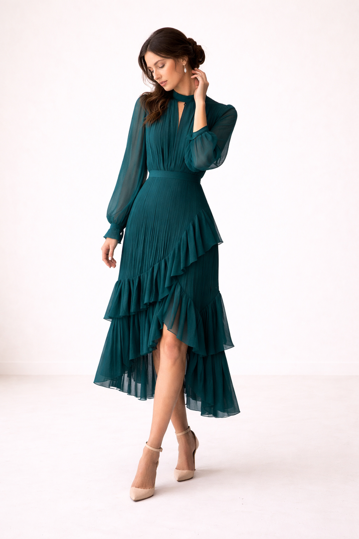 Comfortabele dames midi-jurk met elegante plooien en lange mouwen, een must-have voor vrouwenmode.