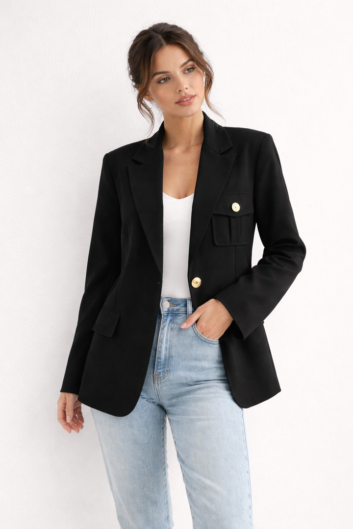 Comfortabele damesblazer met reverskraag en rechte pasvorm, perfect voor een elegante zakelijke look.