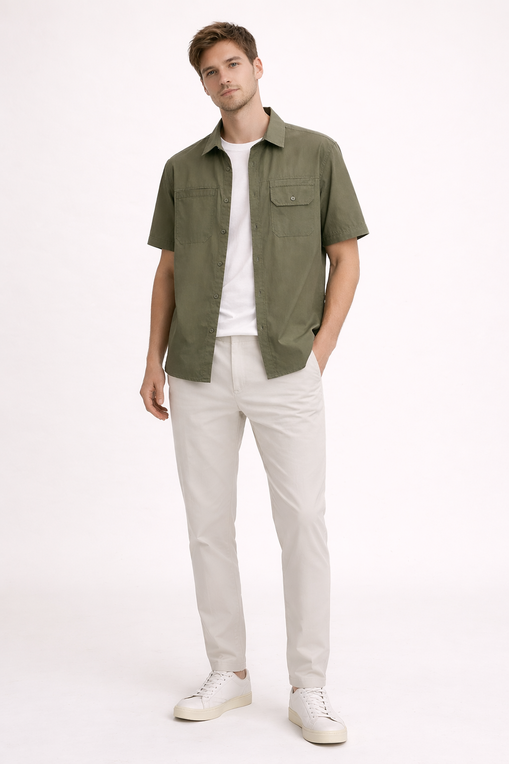 Heren overhemd korte mouwen, casual en ademend, met rechte pasvorm en borstzakken, ideaal voor zomer.