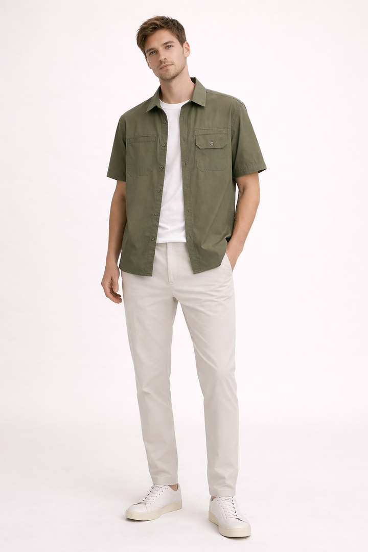Heren overhemd korte mouwen, casual en ademend, met rechte pasvorm en borstzakken, ideaal voor zomer.