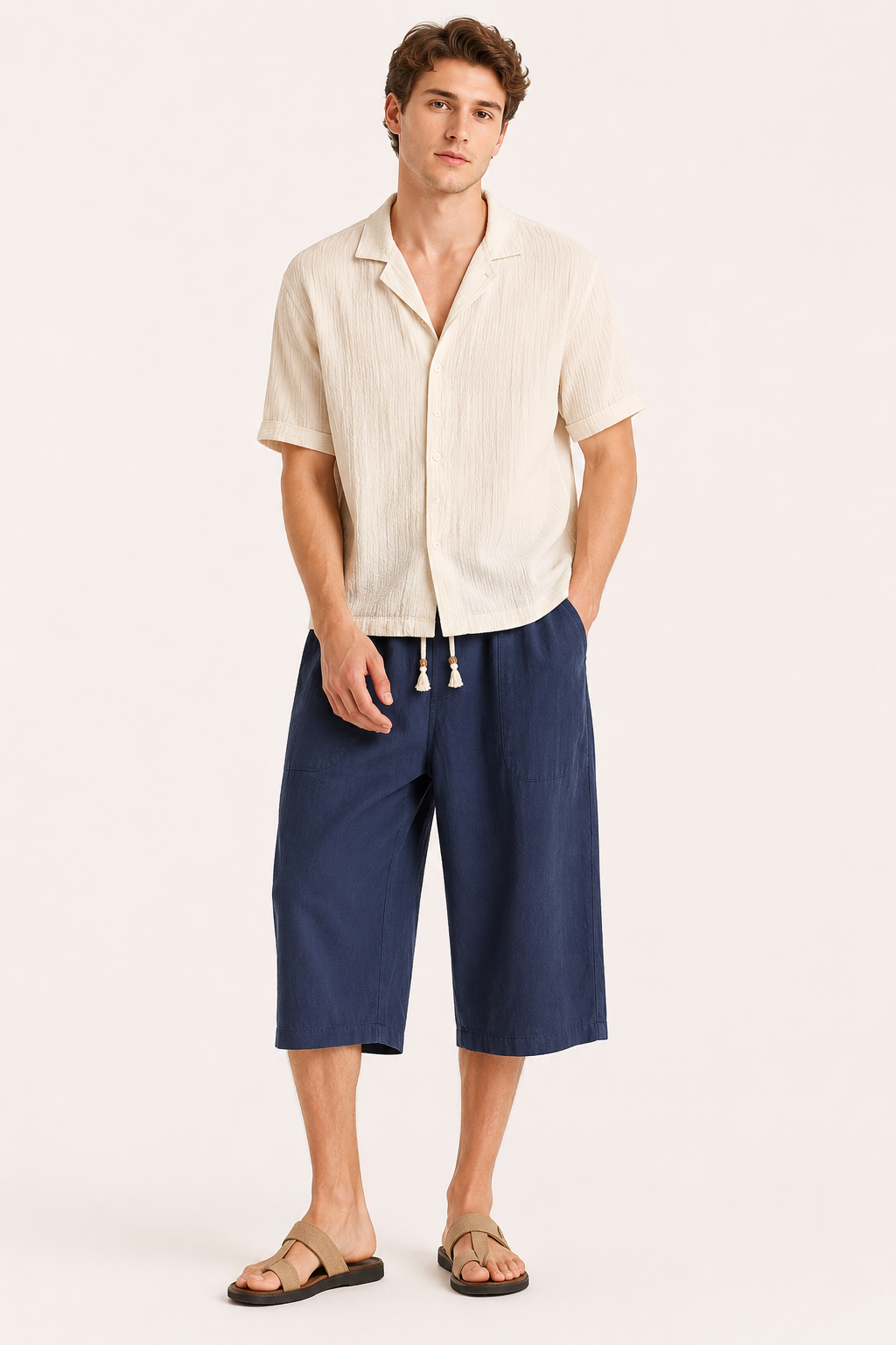 De stijlvolle cropped pijpen van deze comfortabele heren zomerbroek. Ideaal voor een casual look met comfort.