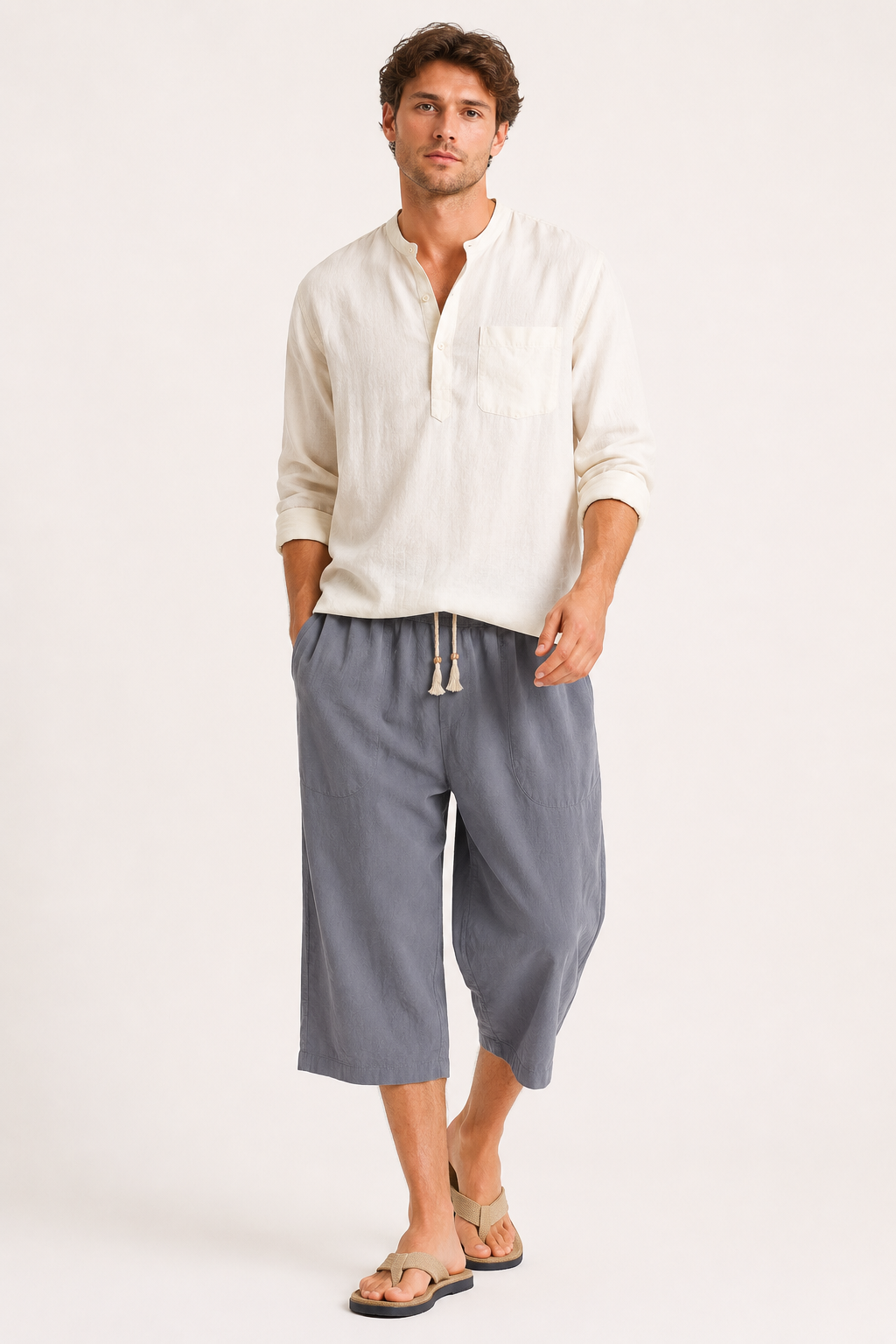 Man draagt comfortabele heren zomerbroek met cropped pijpen en trekkoord. Perfect voor een relaxte zomerdag.