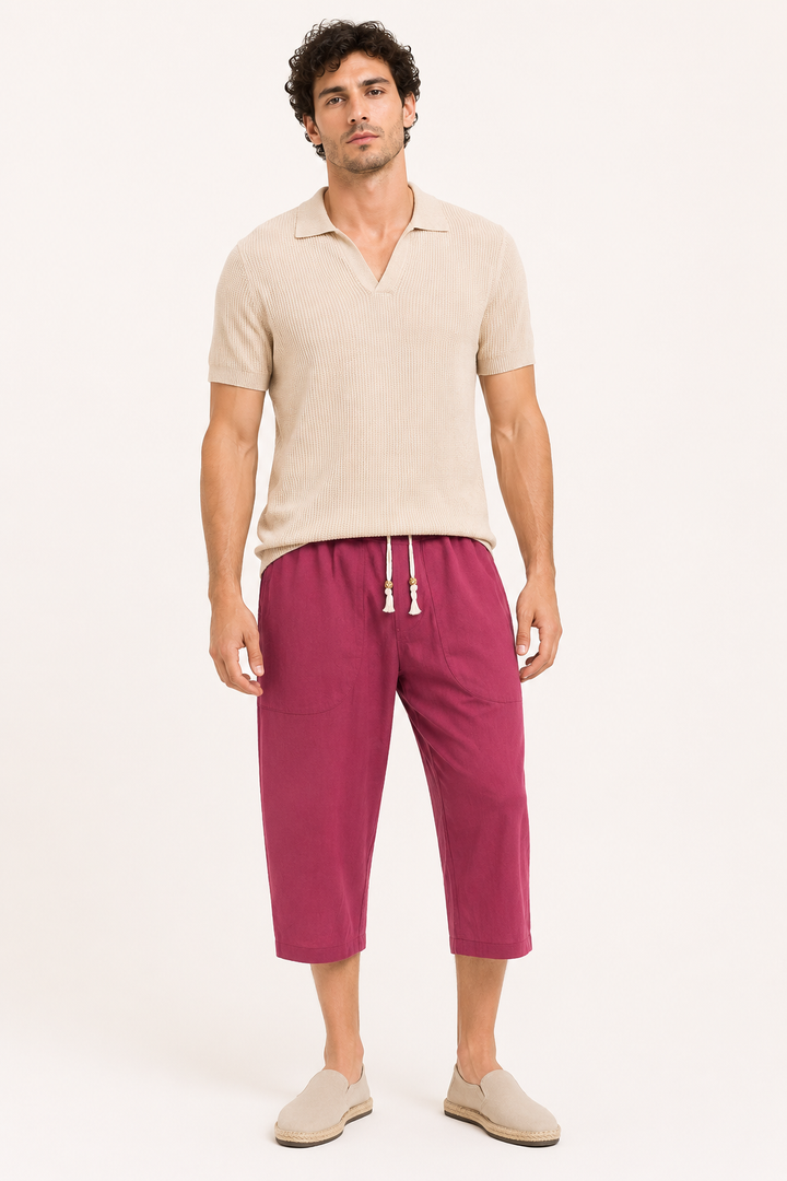 Comfortabele heren zomerbroek met losse pasvorm, cropped pijpen en verstelbaar trekkoord. Ultiem comfort.