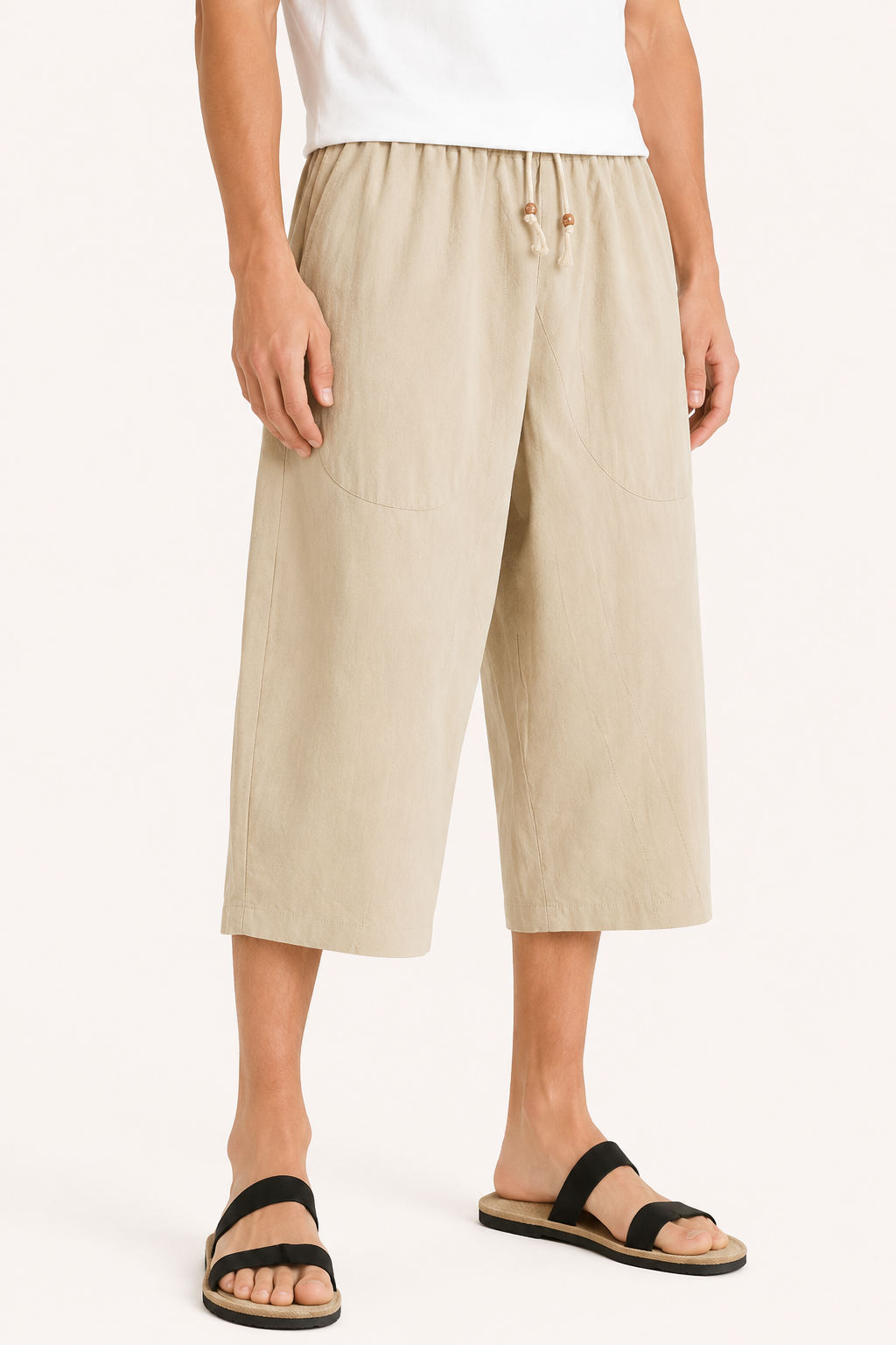 Comfortabele heren zomerbroek met cropped pijpen en trekkoord. Ideaal voor casual dagen en een relaxte vakantie.