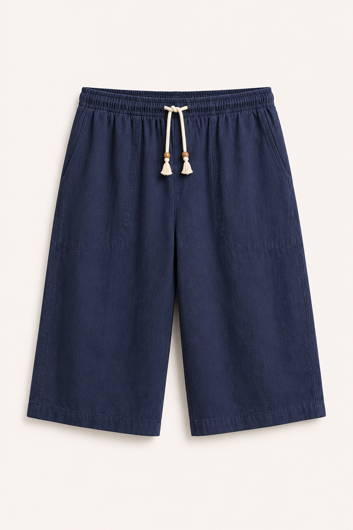 Veelzijdige heren zomerbroek met cropped pijpen en trekkoord. Comfortabel voor vakantie, strand of stad.