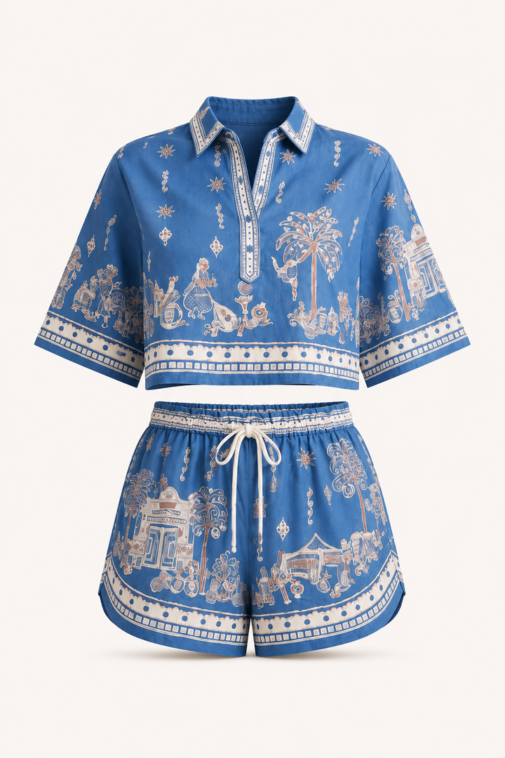 Stijlvolle blauwe damesbloes met bloemenprint en bijpassende korte broek, een complete boho zomerlook.