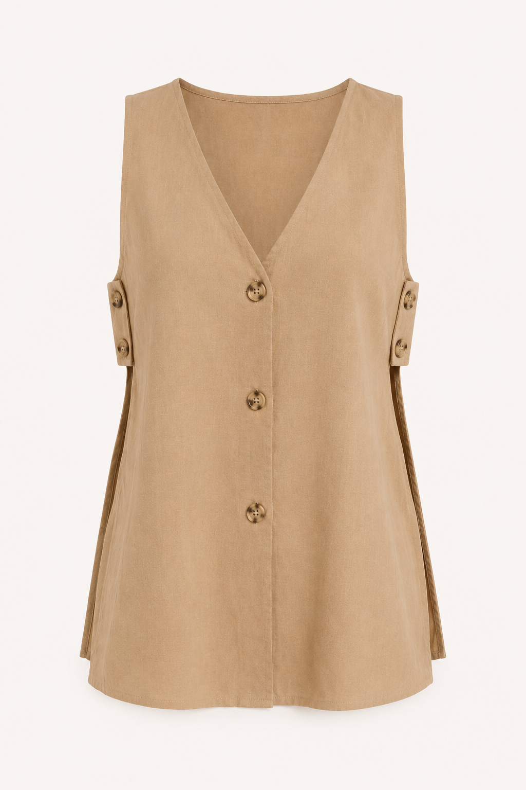 Casual beige dames zomer set met vestje en shorts, een veelzijdige tweedelige linnen-katoen outfit voor de zomer.