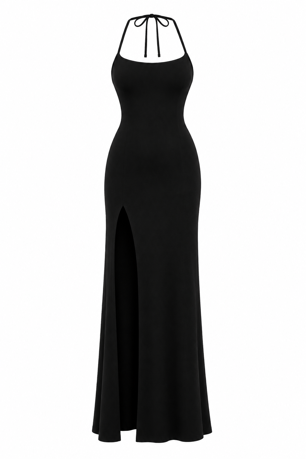 Prachtige zwarte dames avondjurk met elegante open rug en verleidelijke hoge split, ideaal voor gala.