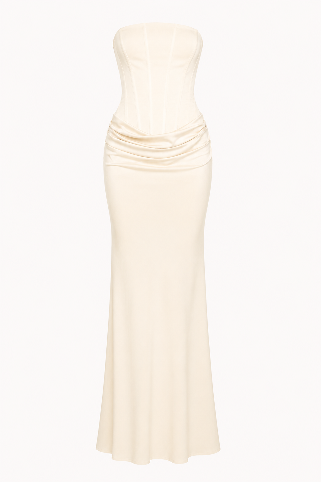 Prachtige witte strapless damesjurk, perfect voor feesten. Elegante maxi-jurk met slanke pasvorm.
