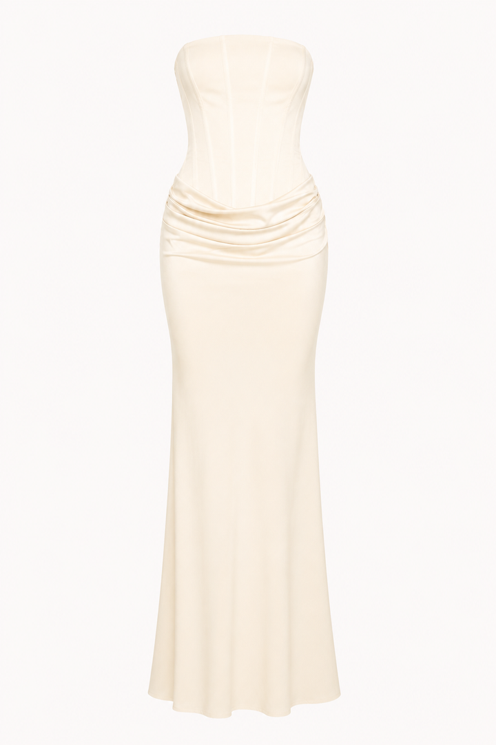 Prachtige witte strapless damesjurk, perfect voor feesten. Elegante maxi-jurk met slanke pasvorm.