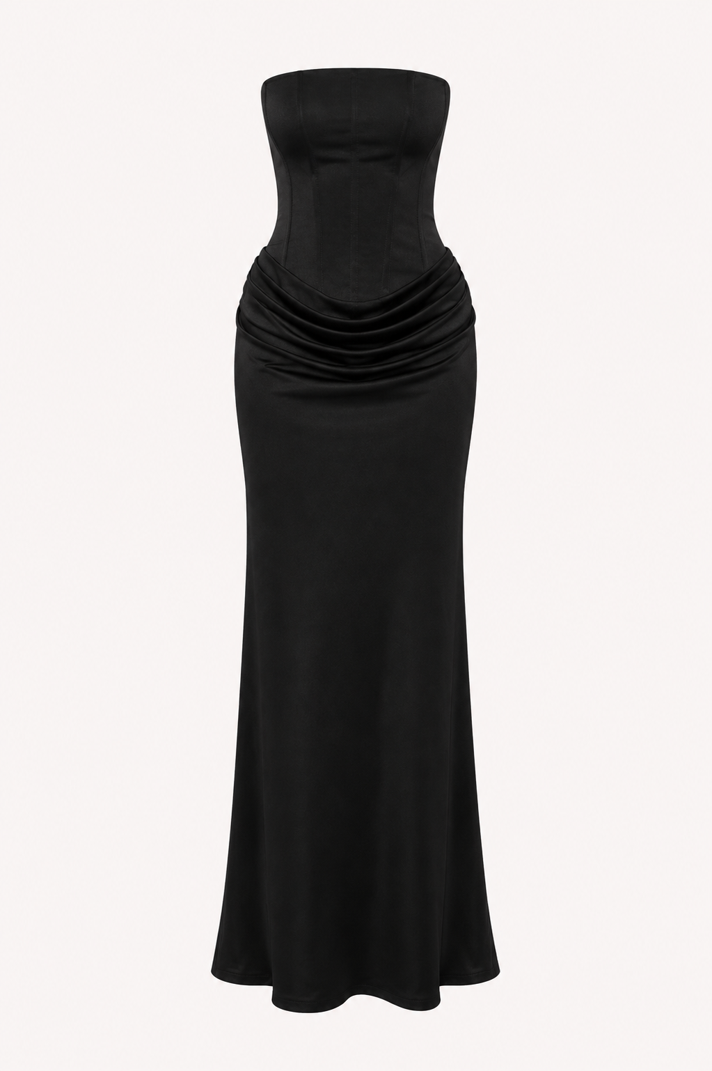 Stijlvolle zwarte strapless dames avondjurk, een elegante maxi-jurk ideaal voor feestelijke gelegenheden.