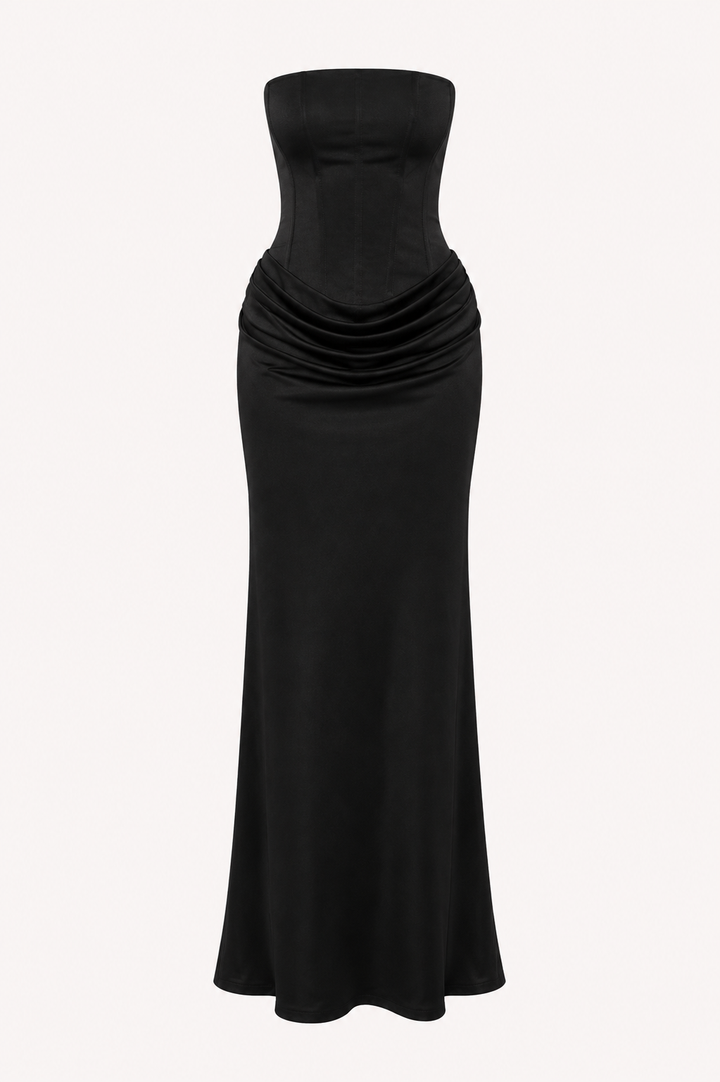 Stijlvolle zwarte strapless dames avondjurk, een elegante maxi-jurk ideaal voor feestelijke gelegenheden.
