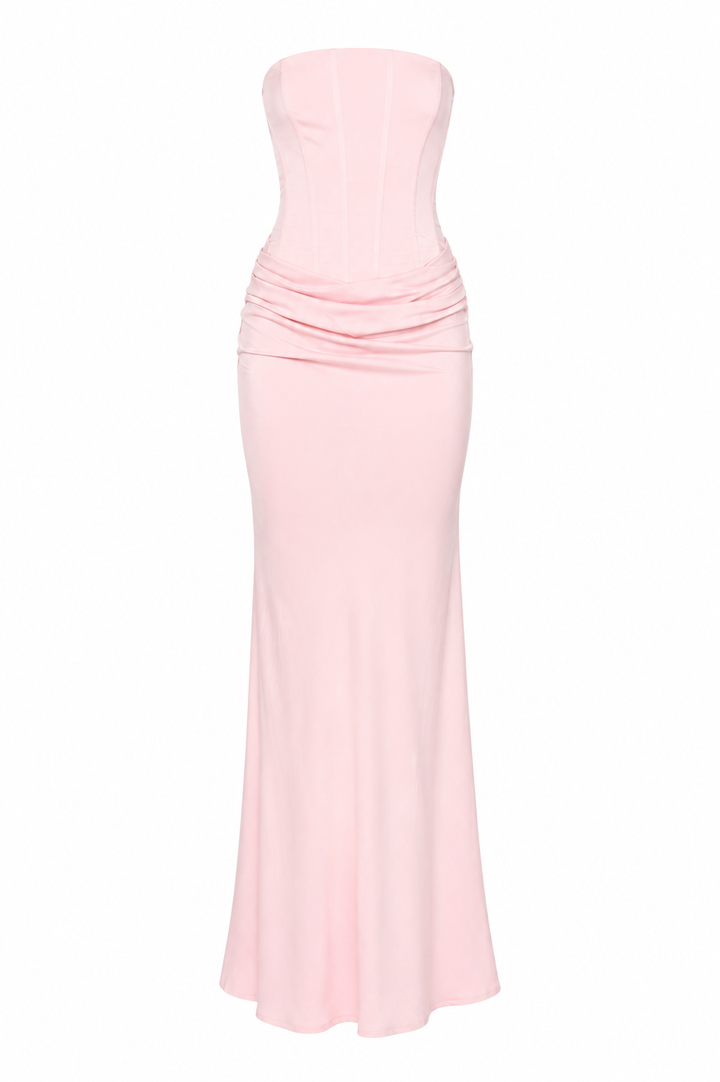 Roze elegante strapless damesjurk, een prachtige maxi-jurk voor feesten en speciale gelegenheden.
