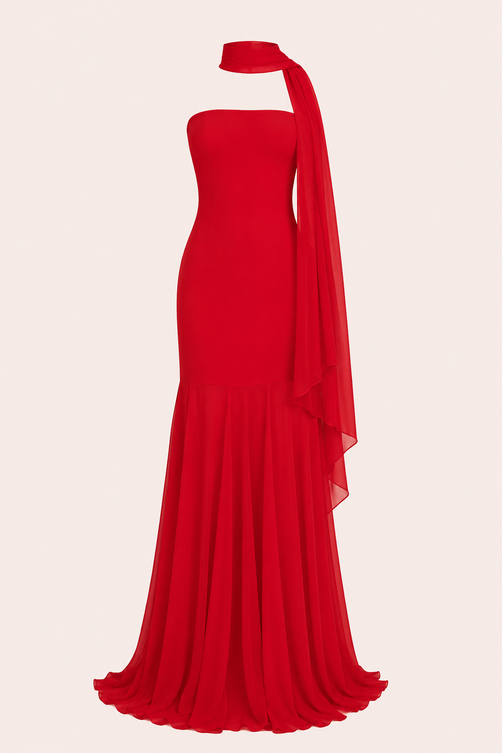 Stijlvolle rode strapless galajurk met zeemeermineffect, ideaal als avondjurk of feestjurk voor prom en afstuderen.