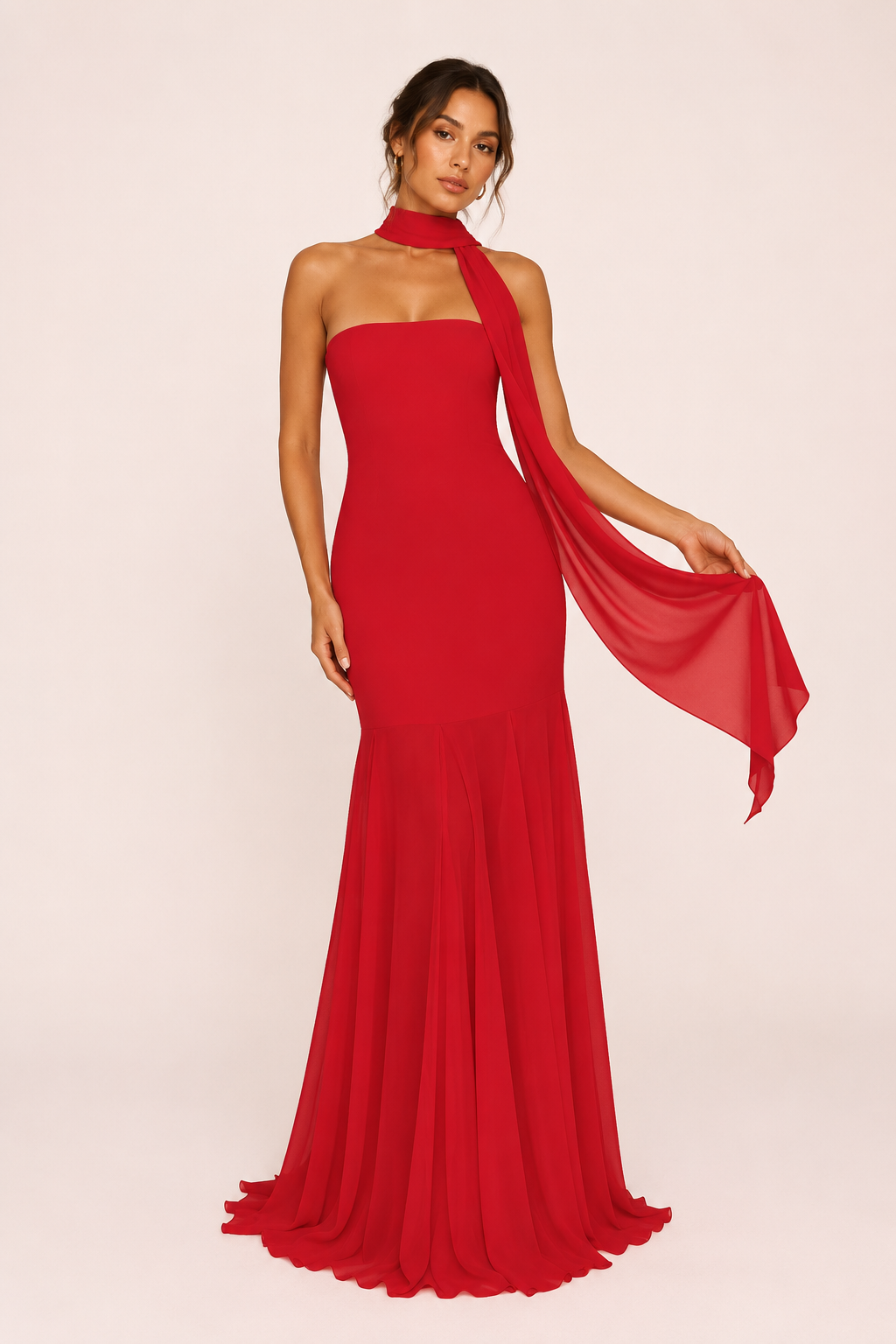 Elegante rode strapless galajurk voor dames met chique zeemeermineffect, perfect voor avondfeesten en speciale gelegenheden.