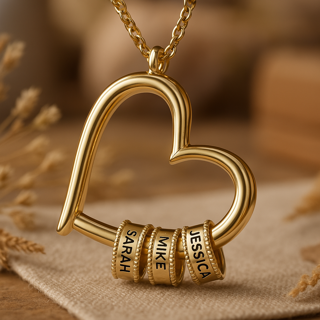 Gepersonaliseerde familie ketting voor dames, goudkleurig roestvrijstaal met gravure; ideaal Moederdag cadeau.