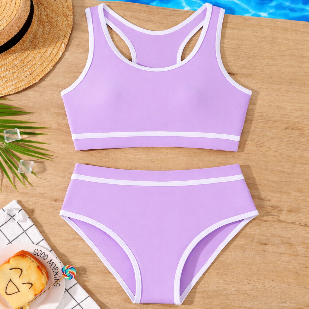 Meisjes bikiniset met gekruiste rug en vrolijke kleuren. Stijlvolle zwemkleding voor kinderen.