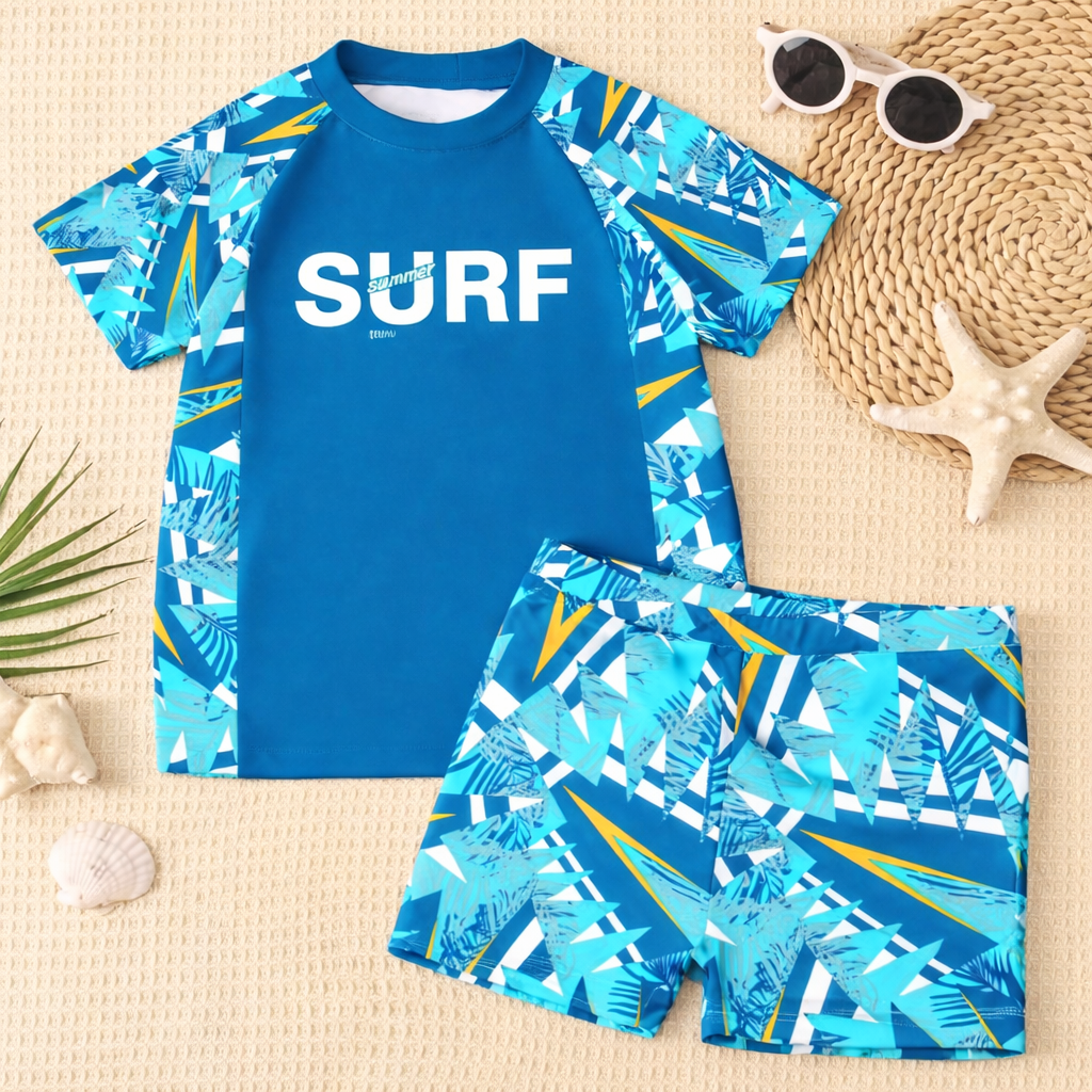 Zomerse jongens zwemkleding set met comfortabele shorts en t-shirt in vrolijke tie-dye camo print.