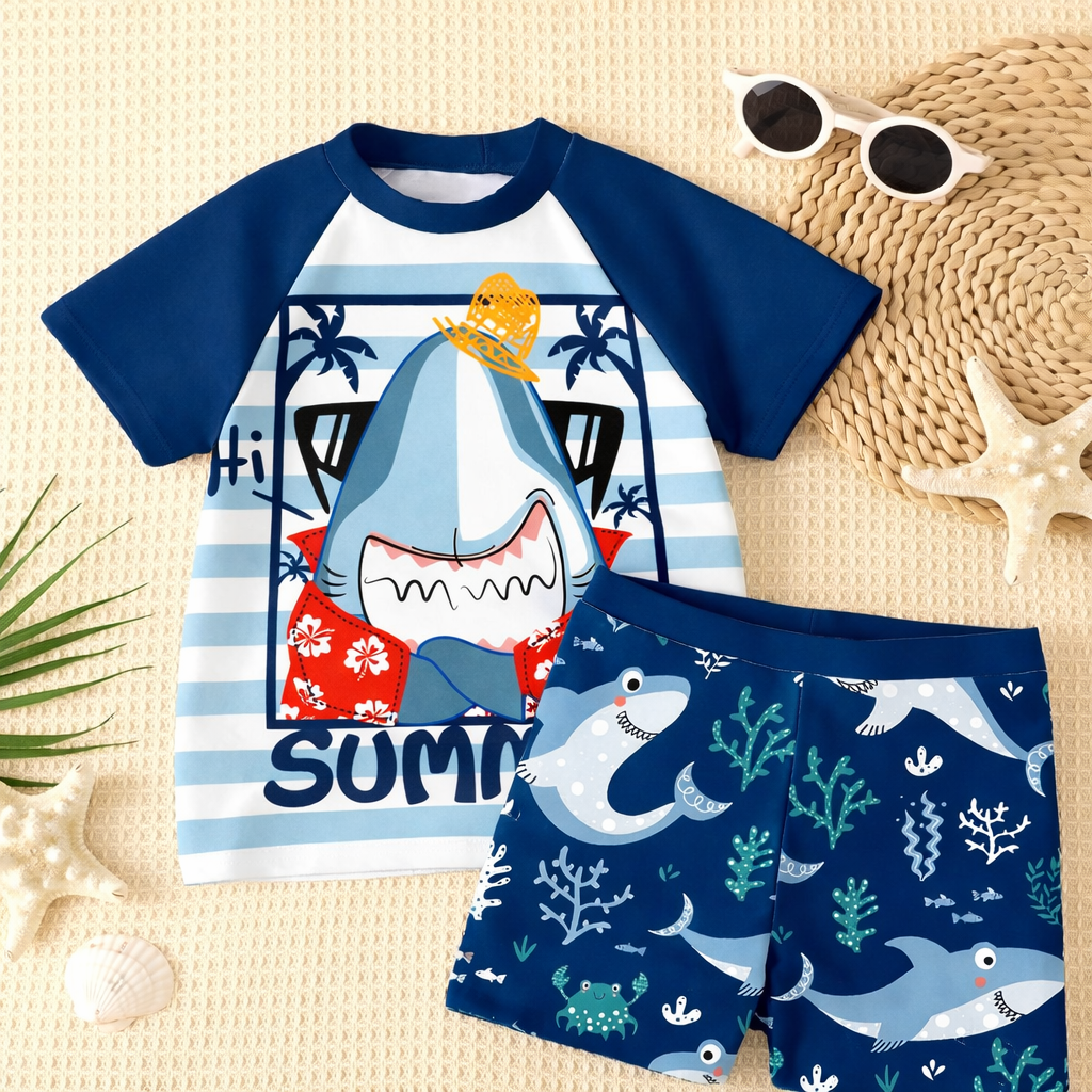 Jongens strandkleding set voor zwembad of zee; tropische camo en tie-dye print voor speelse kids.