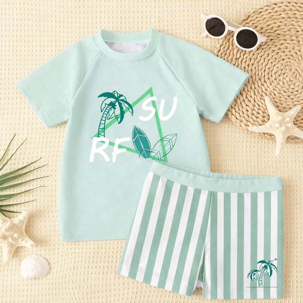 Nieuwe jongens zwemkledingset: shorts en matching t-shirt met trendy tropische camo en tie-dye print.