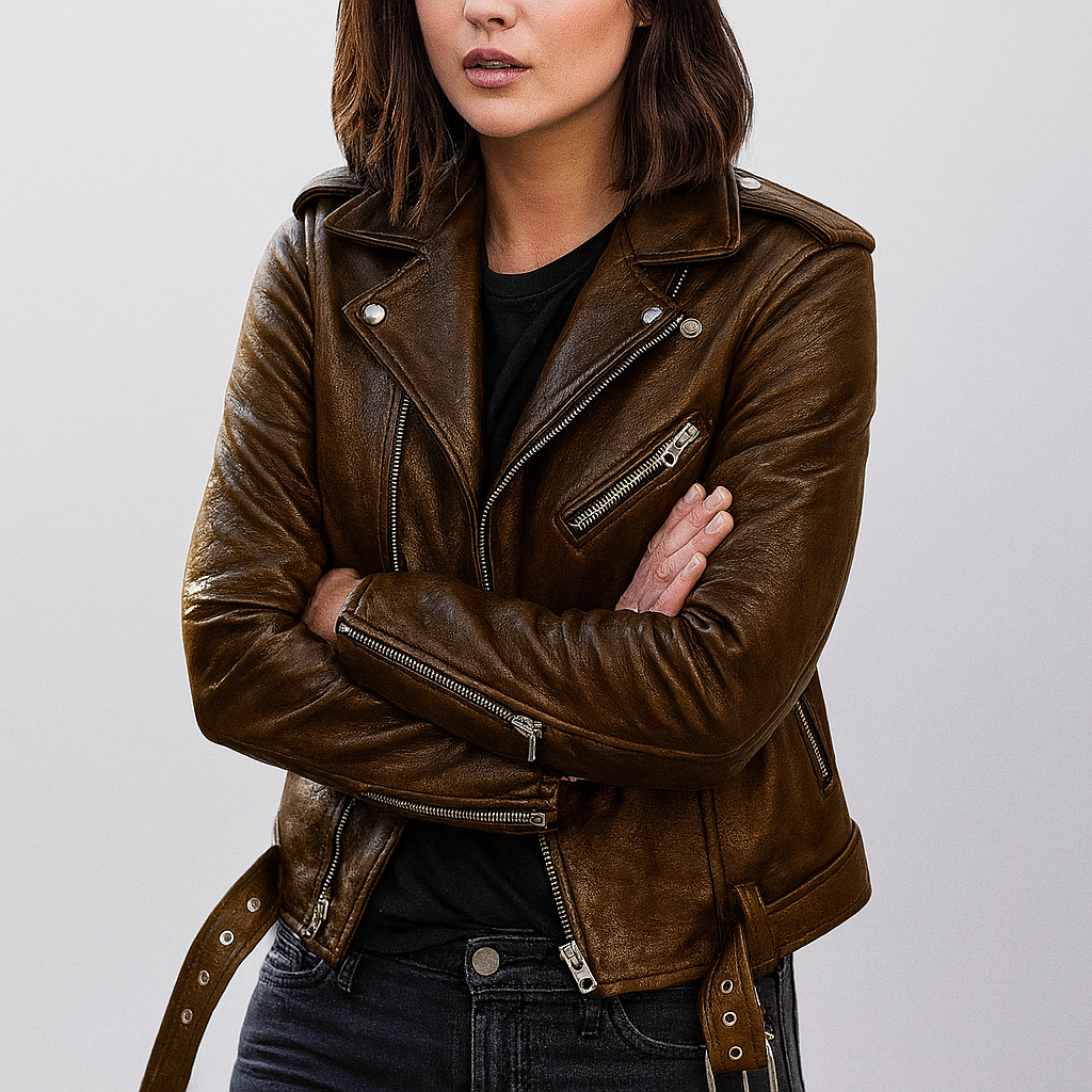 Modern dames slim-fit motorjack van hoge kwaliteit PU leer. Dit korte bikerjack is perfect voor elegante herfst- en wintermode.