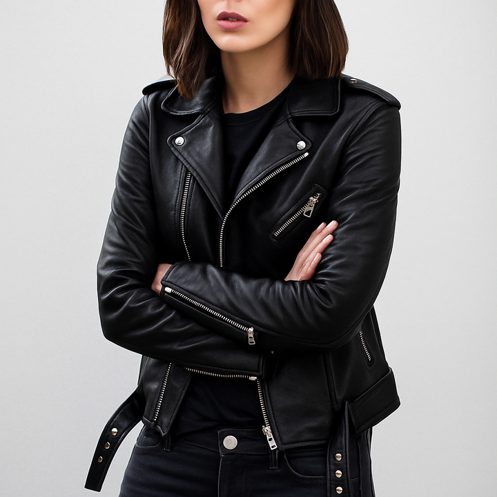 Elegant dames slim-fit motorjack van PU leer. Perfecte korte bikerjack voor bovenkleding in herfst- en wintermode.