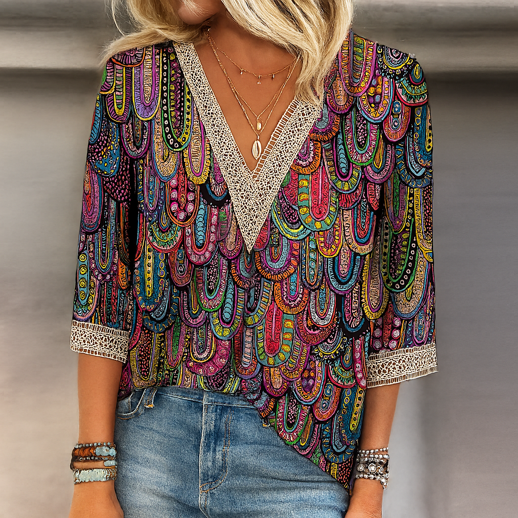 Modieuze dames zomer blouse met unieke print en flatterende v-hals. Combineert elegantie met een losse pasvorm.