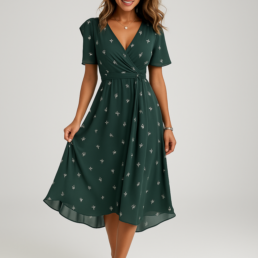 Comfortabele polyester lente jurk voor dames, met een elegante V-hals en een mooie, levendige print.