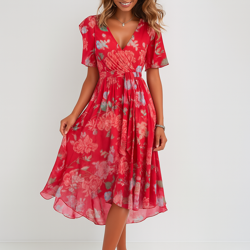 Dames midi jurk met opvallende, levendige print en diepe V-hals, ideaal voor een stijlvolle zomerlook.