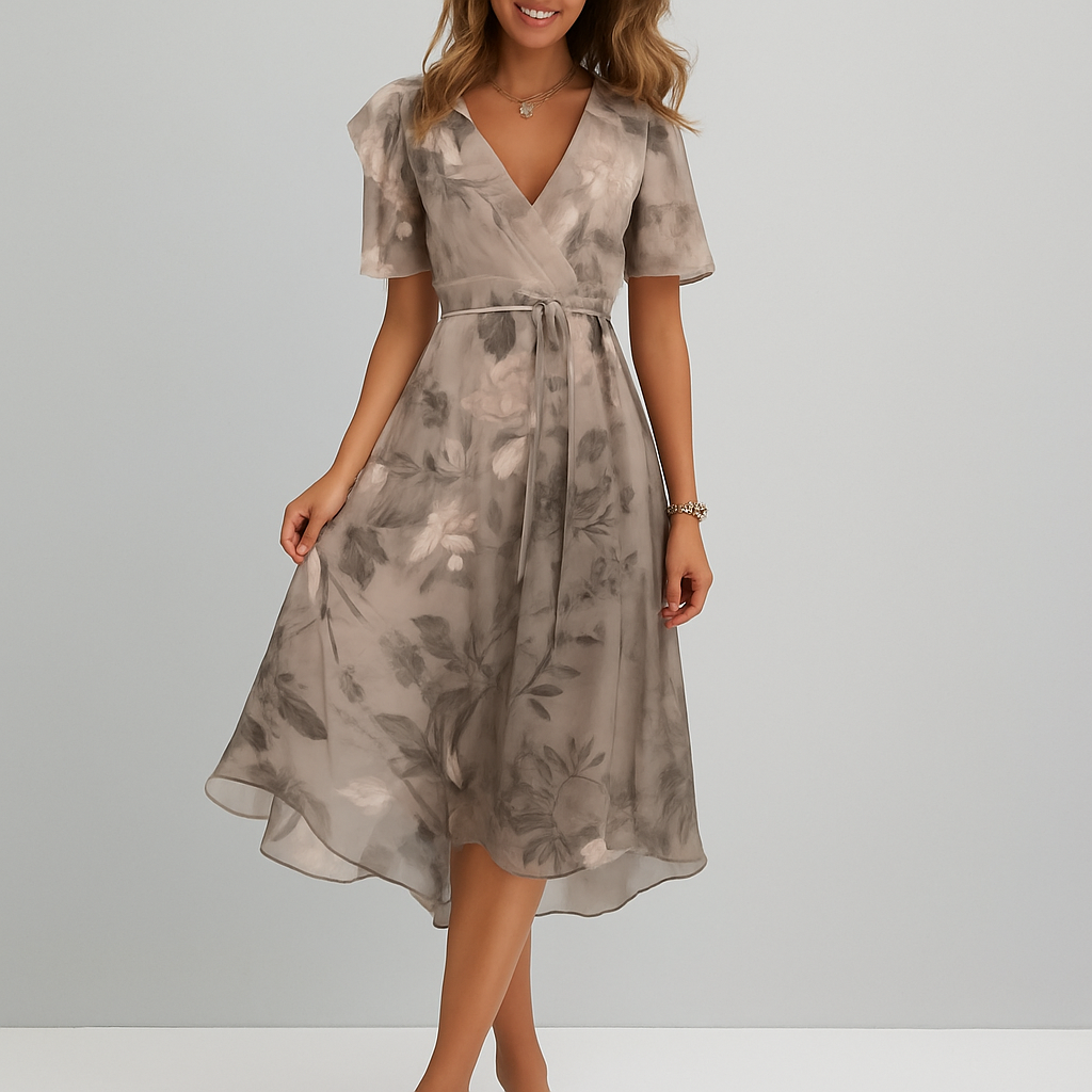 Elegante dames jurk met diepe V-hals en levendige print, perfect voor lente en zomer. Stijlvol en comfortabel.