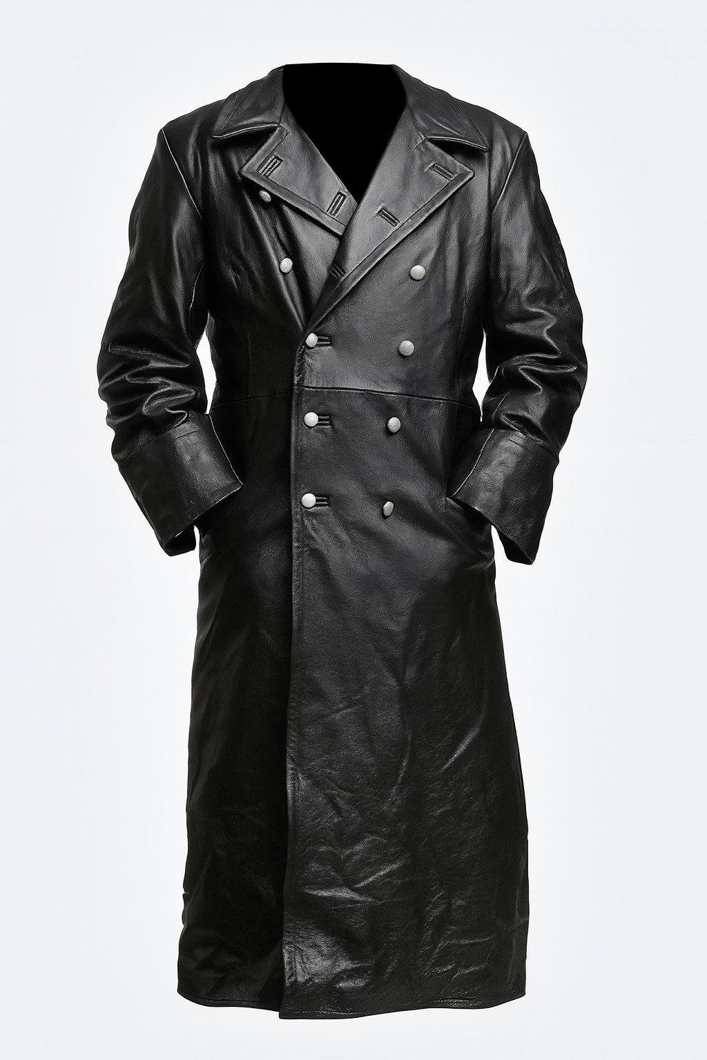 Lange zwarte heren gotische trenchcoat in militaire stijl WO2, double-breasted officier jas met vintage look voor herfst winter.