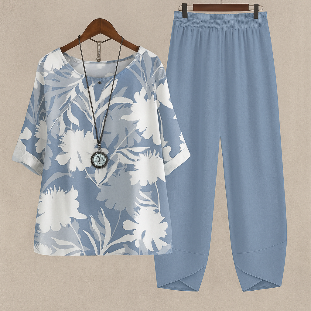 Comfortabele dames harembroek en casual bloemen blouse set, ideaal voor een relaxte zomerdag.