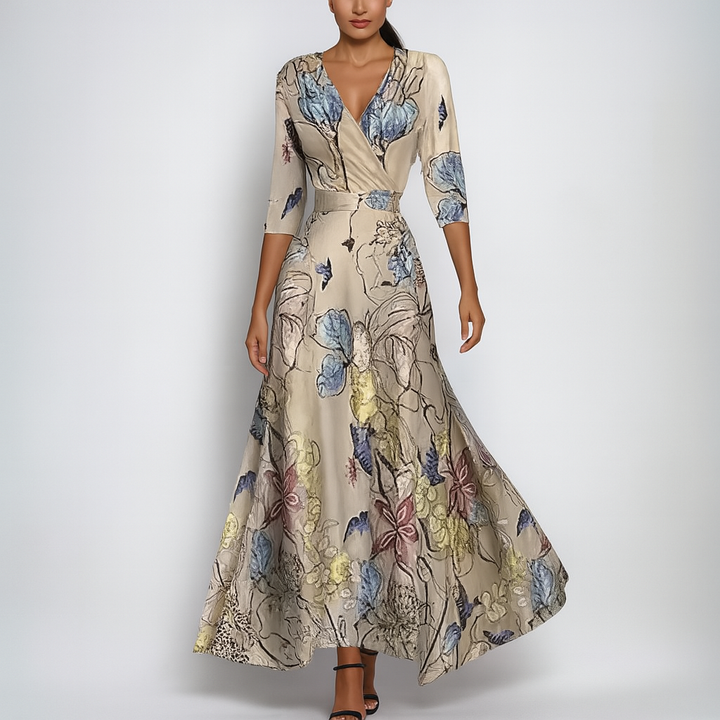 Stijlvolle polyester dames maxi-jurk met V-hals, driekwartmouw; een elegante keuze voor vakantie en vrije tijd.