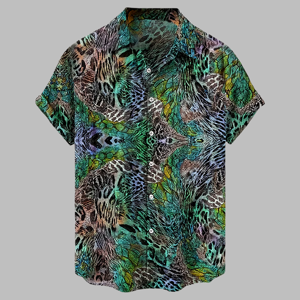 Trendy heren overhemd met gedrukte tribalprint, korte mouwen en ontspannen pasvorm; perfect voor festivals & streetwear.